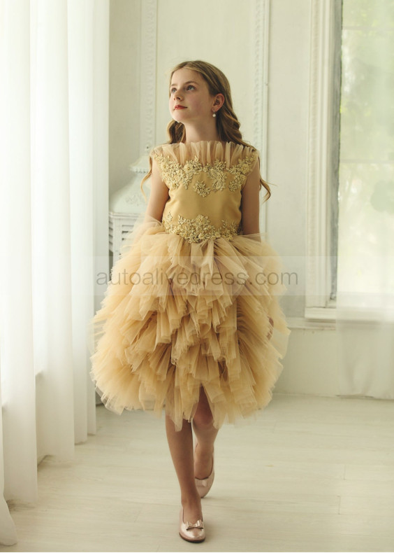 Gold Lace Ruffle Tulle Beaded Flower Girl Dress